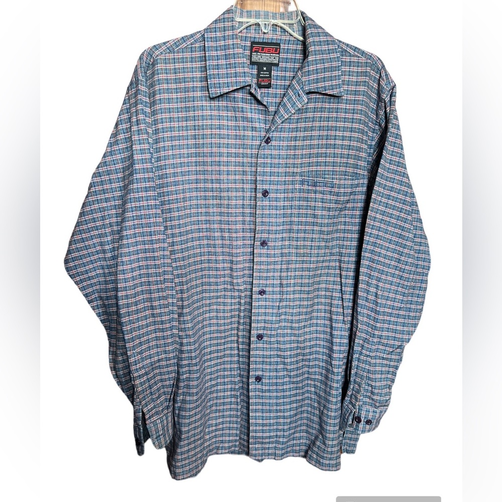 Fubu Mens Blue & Red Plaid Button Down Long Sleeve Shirt